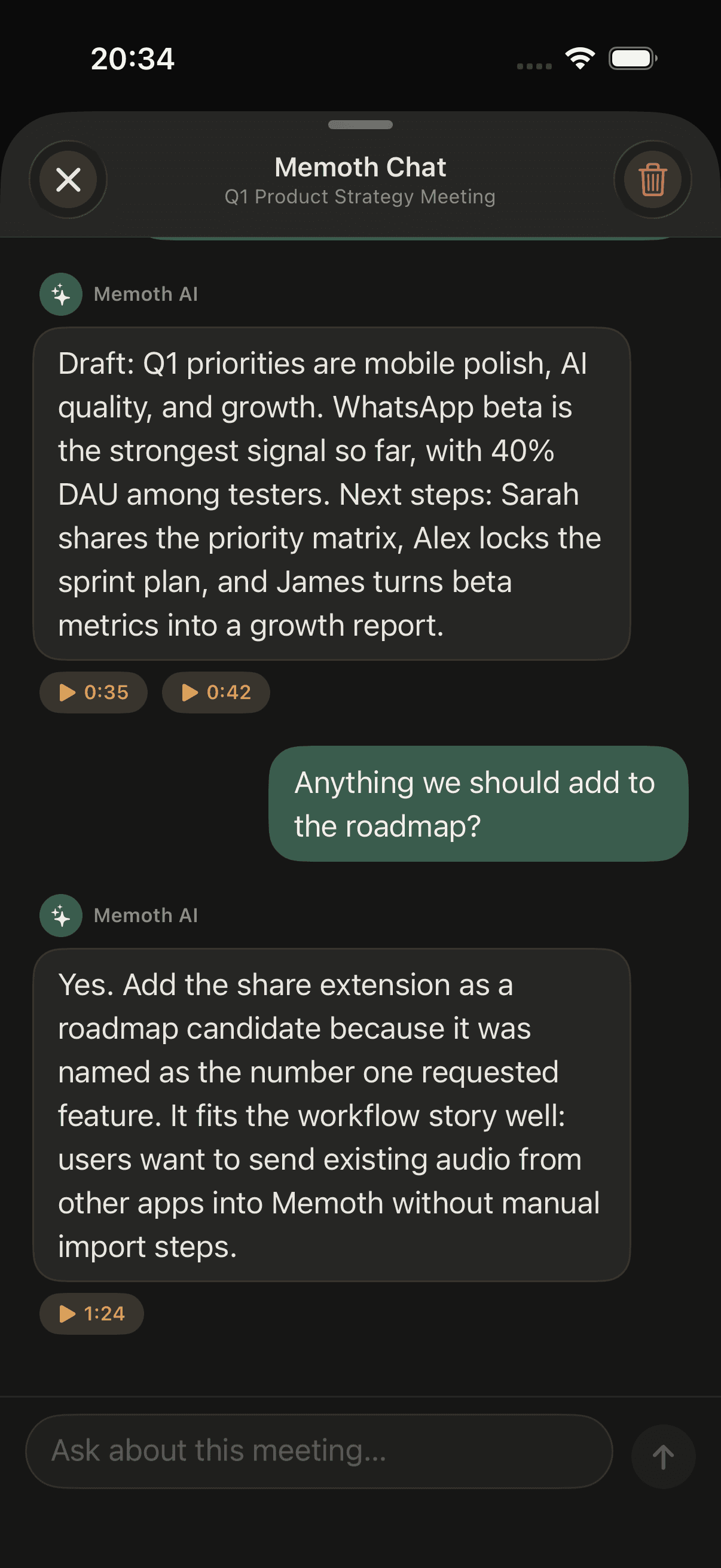 Memoth chat screen in dark mode