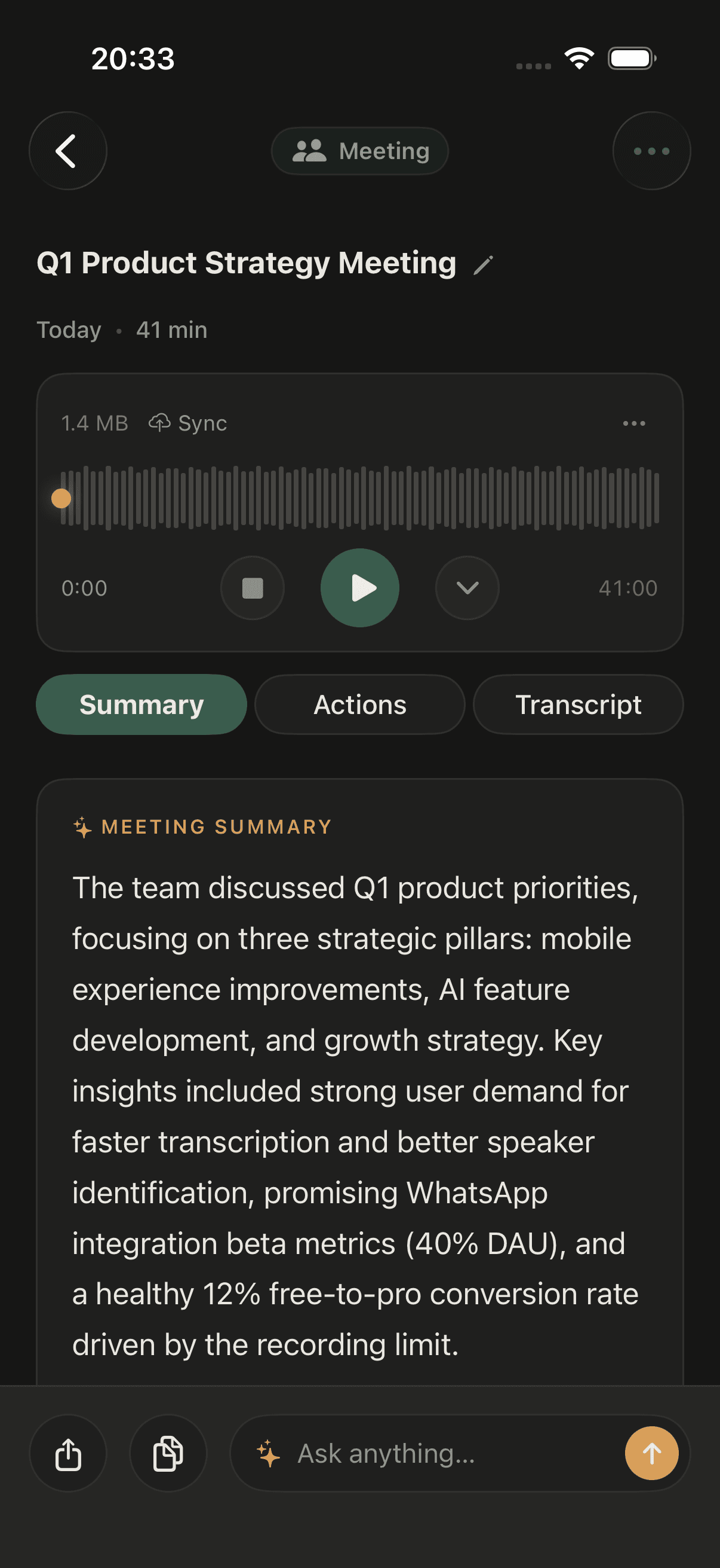 Memoth meeting summary in dark mode