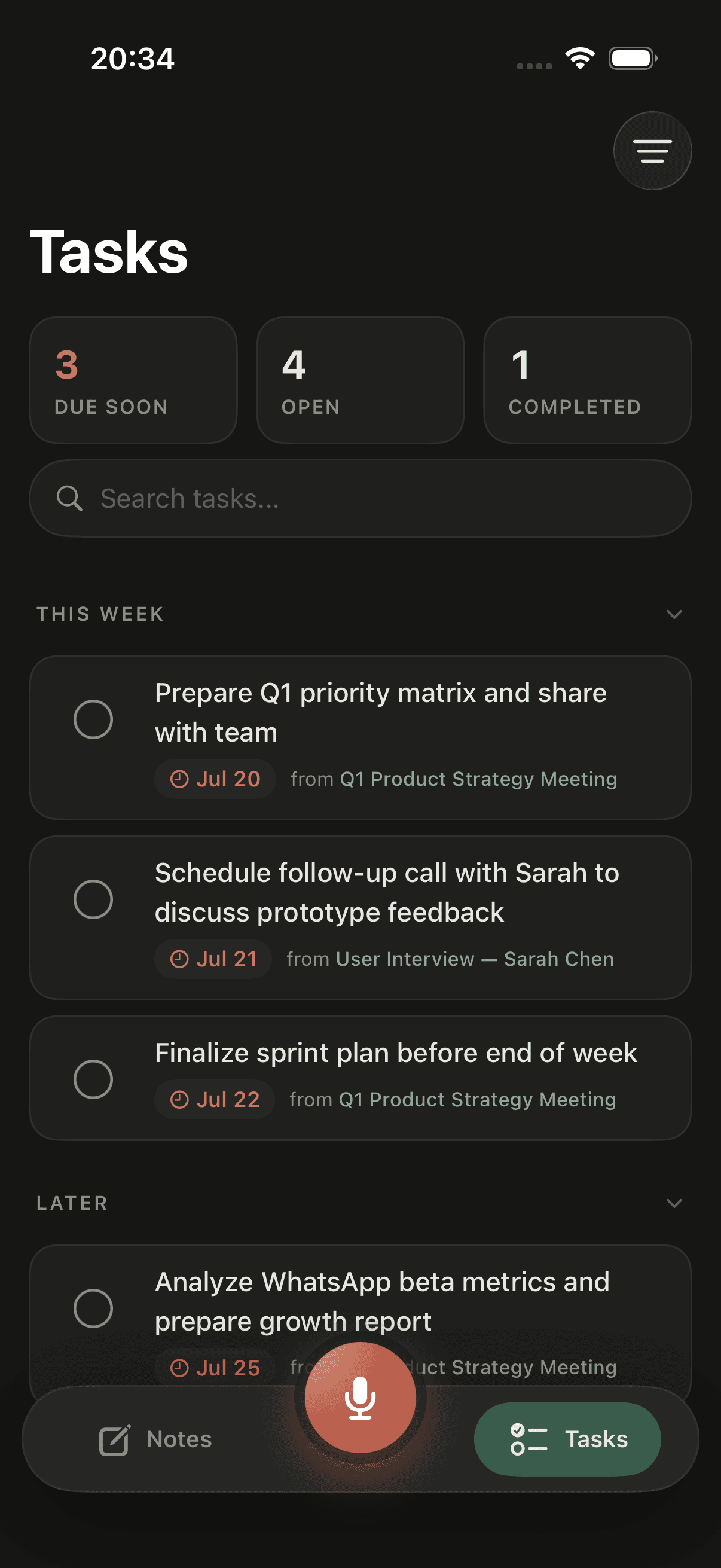 Memoth tasks screen in dark mode