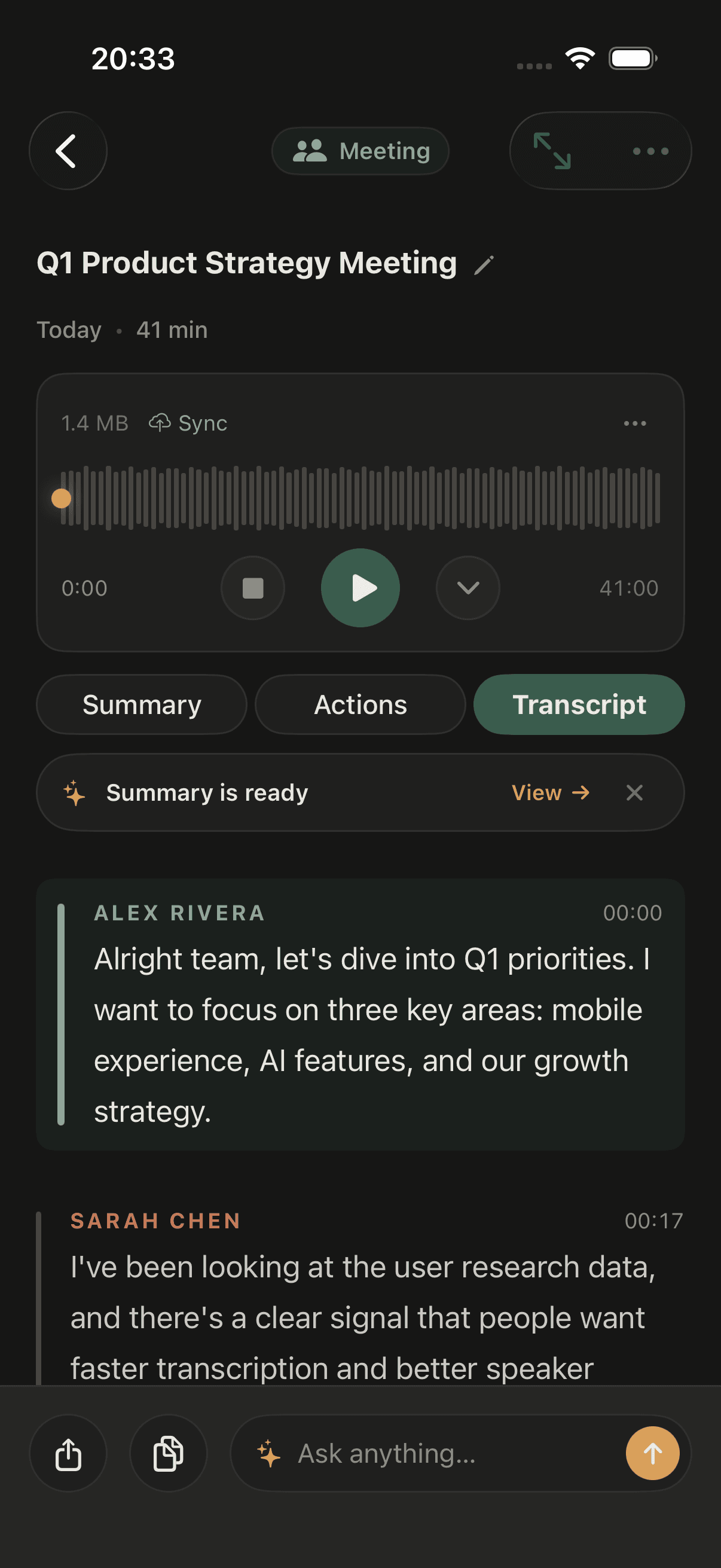 Memoth transcript screen in dark mode