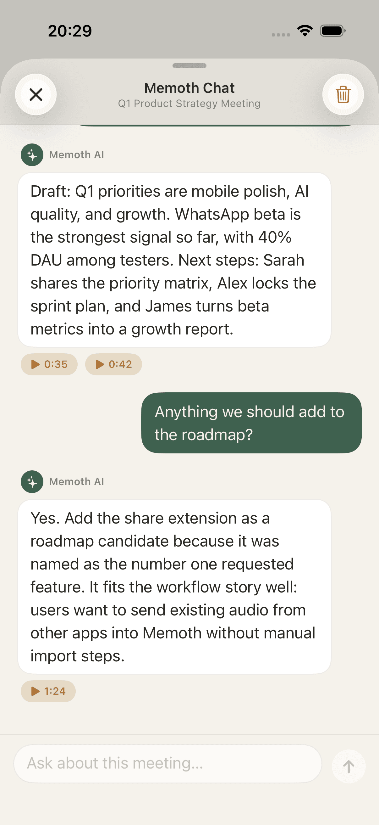 Memoth chat screen in light mode