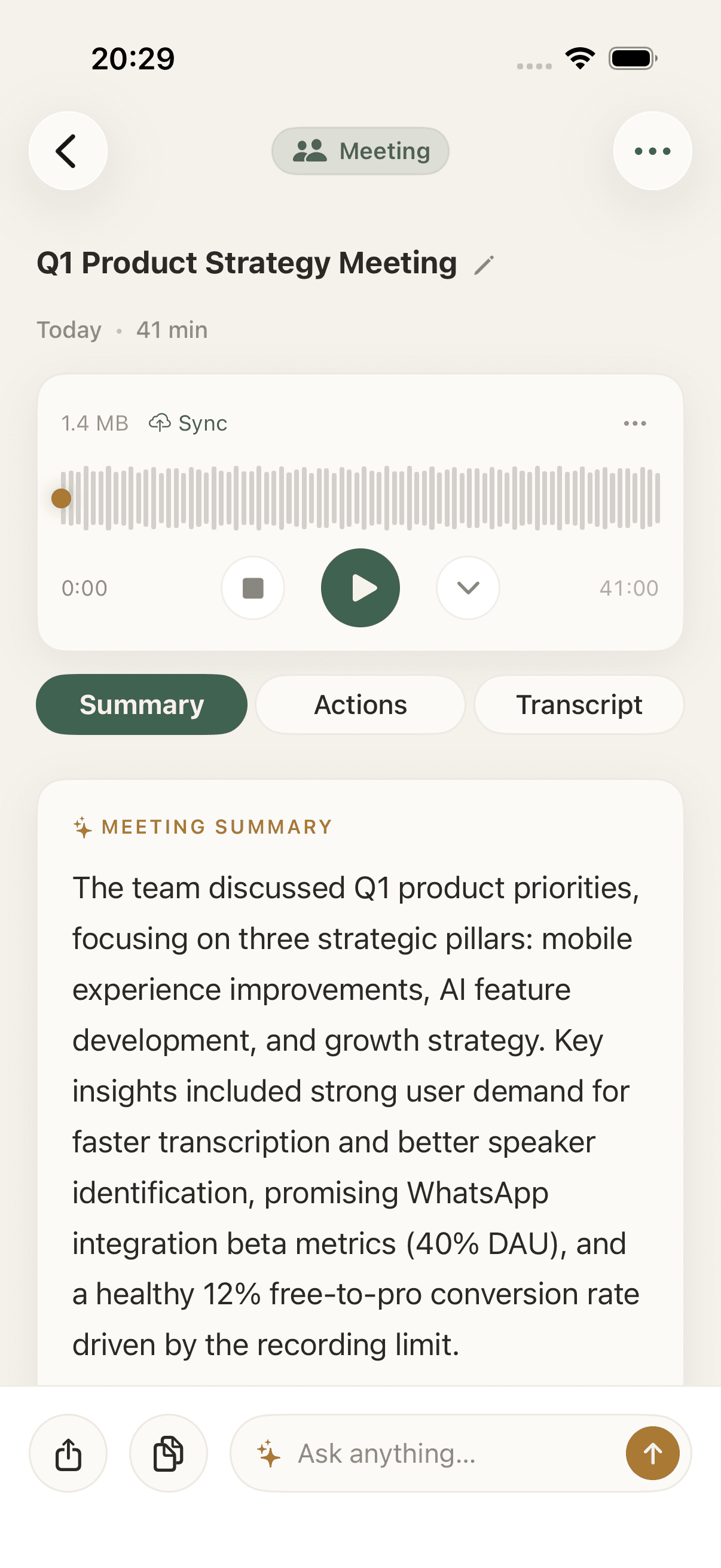 Memoth meeting summary in light mode