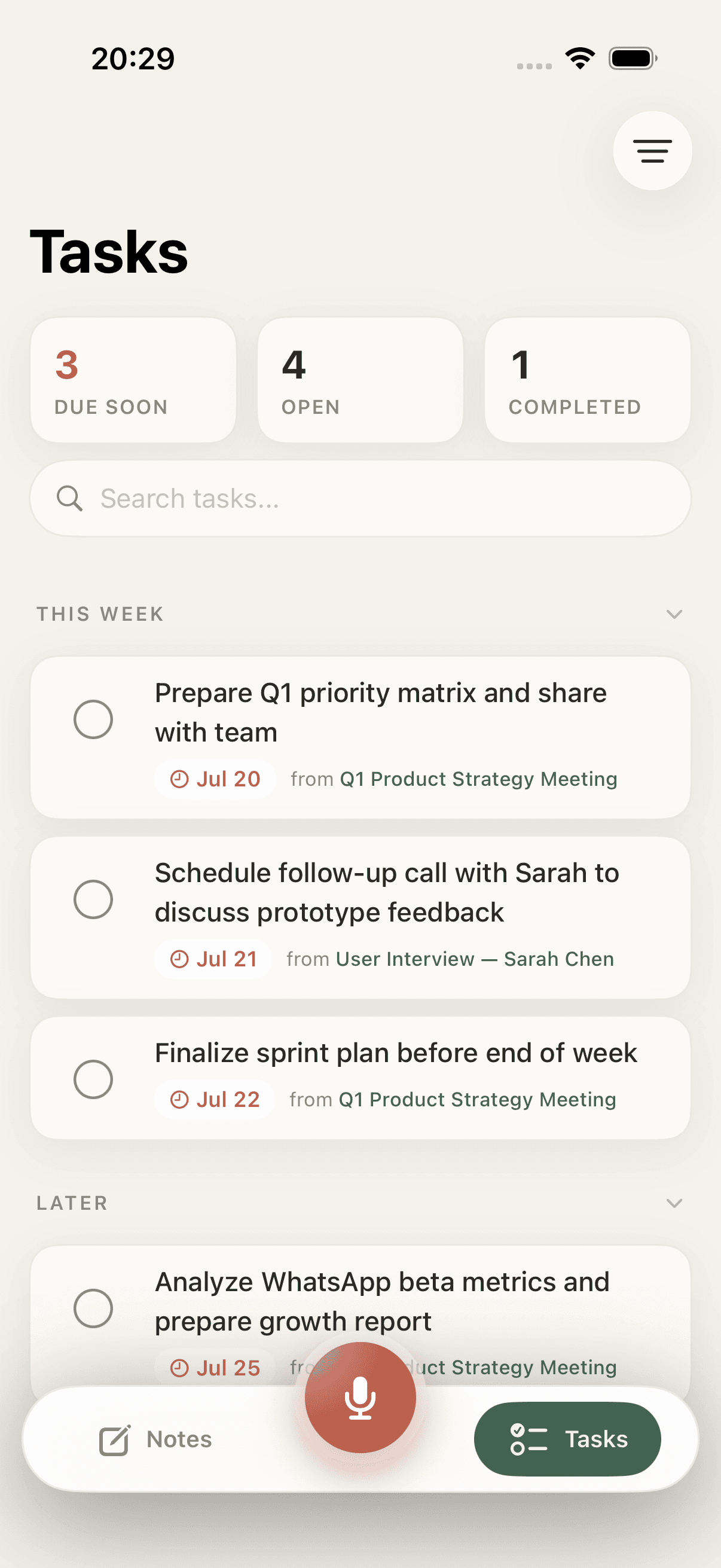 Memoth tasks screen in light mode