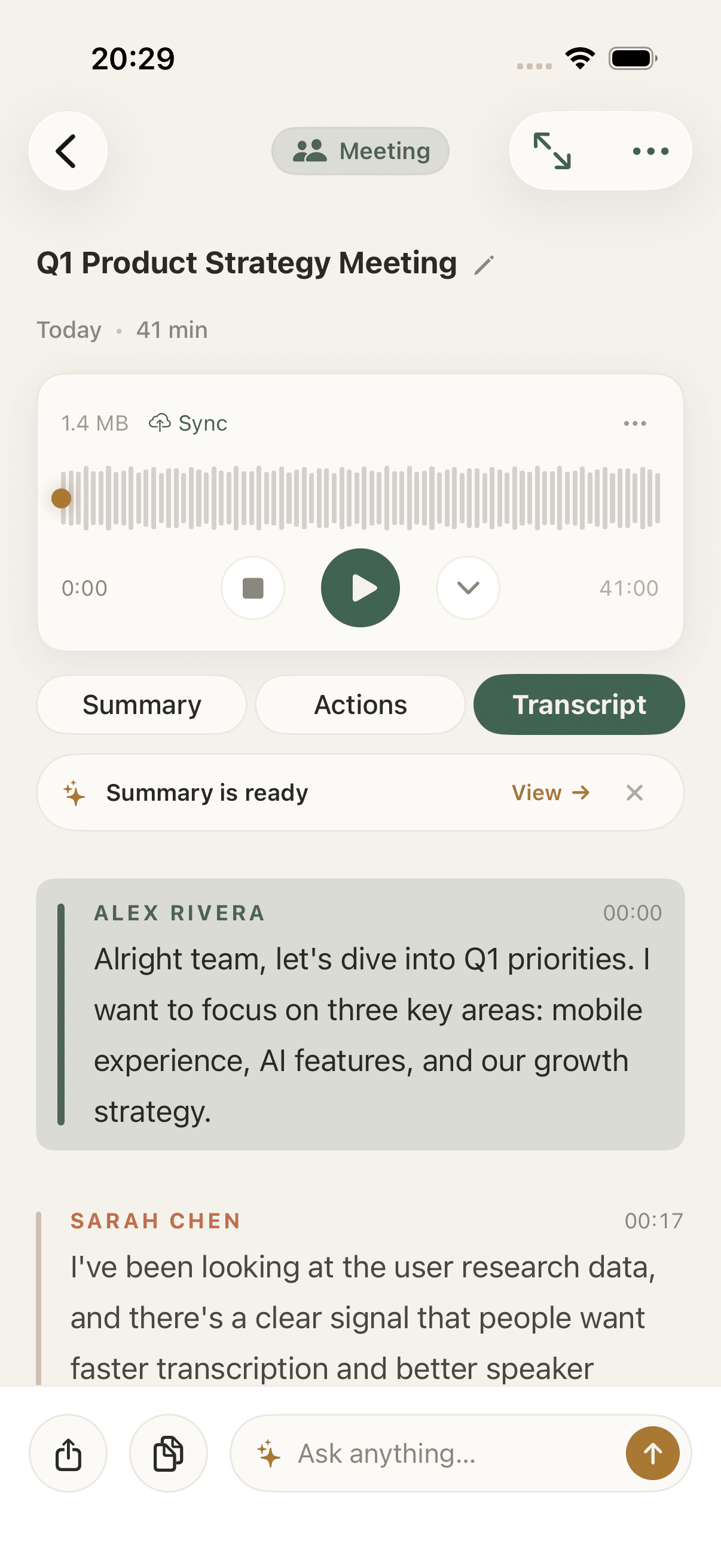 Memoth transcript screen in light mode